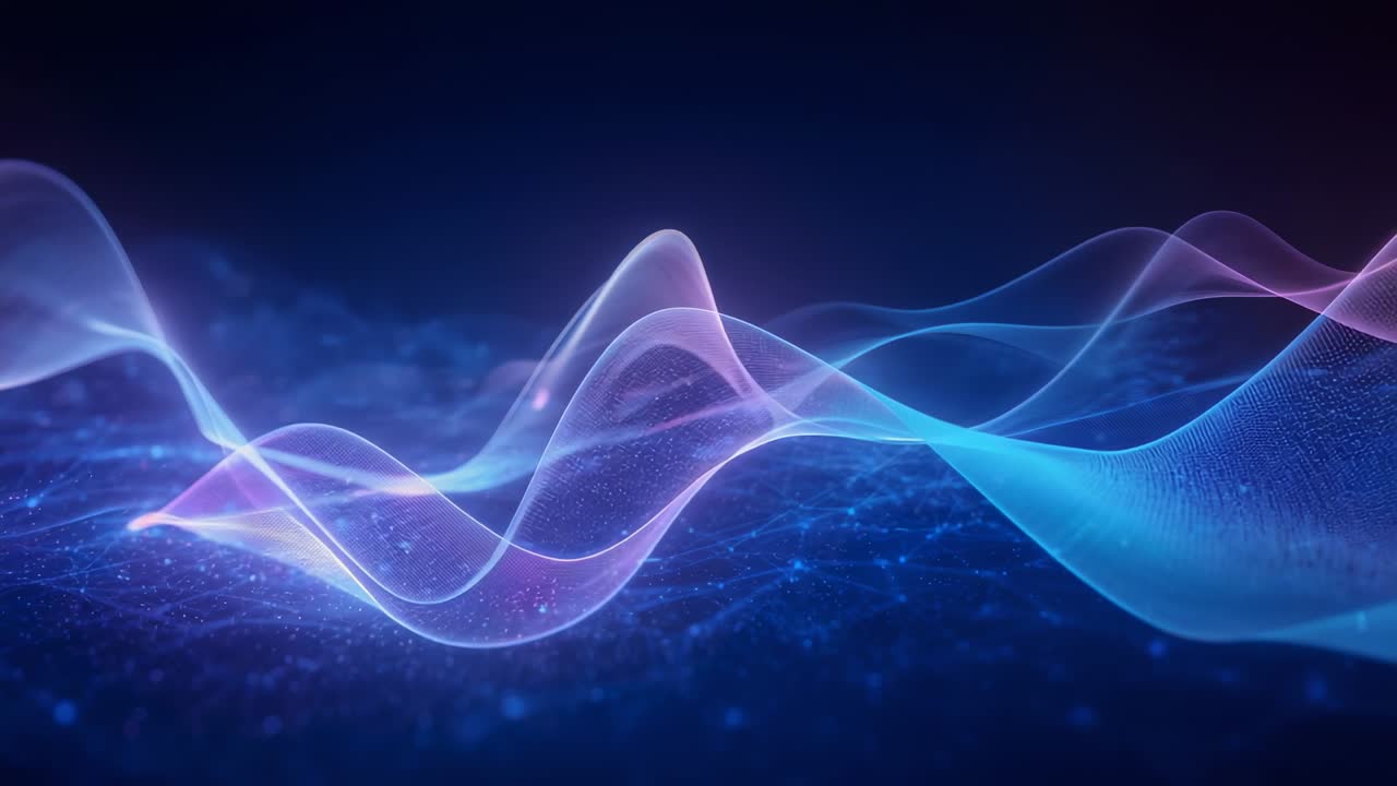Starting loop, layered translucent ribbons undulating on deep-blue particle plane, pulsing glow