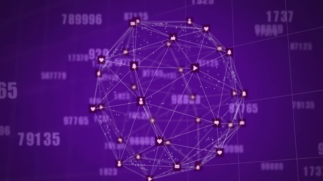 Animation of globe of network of connections with icons and numbers