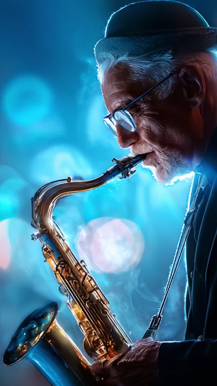 Una serata jazz incantevole: un musicista esperto suona il sassofono con passione, illuminato da effetti di luce ipnotici in un'atmosfera accattivante