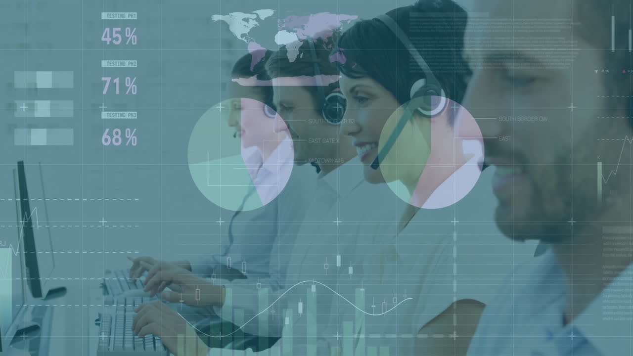 animación del procesamiento de datos financieros en diversos colegas utilizando auriculares telefónicos y computadoras