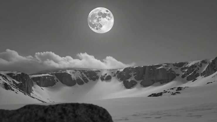 Câmera panorâmica revelando a lua cheia, ampliando uma cratera de neve para expor uma bacia, uma rocha e nuvens à deriva.