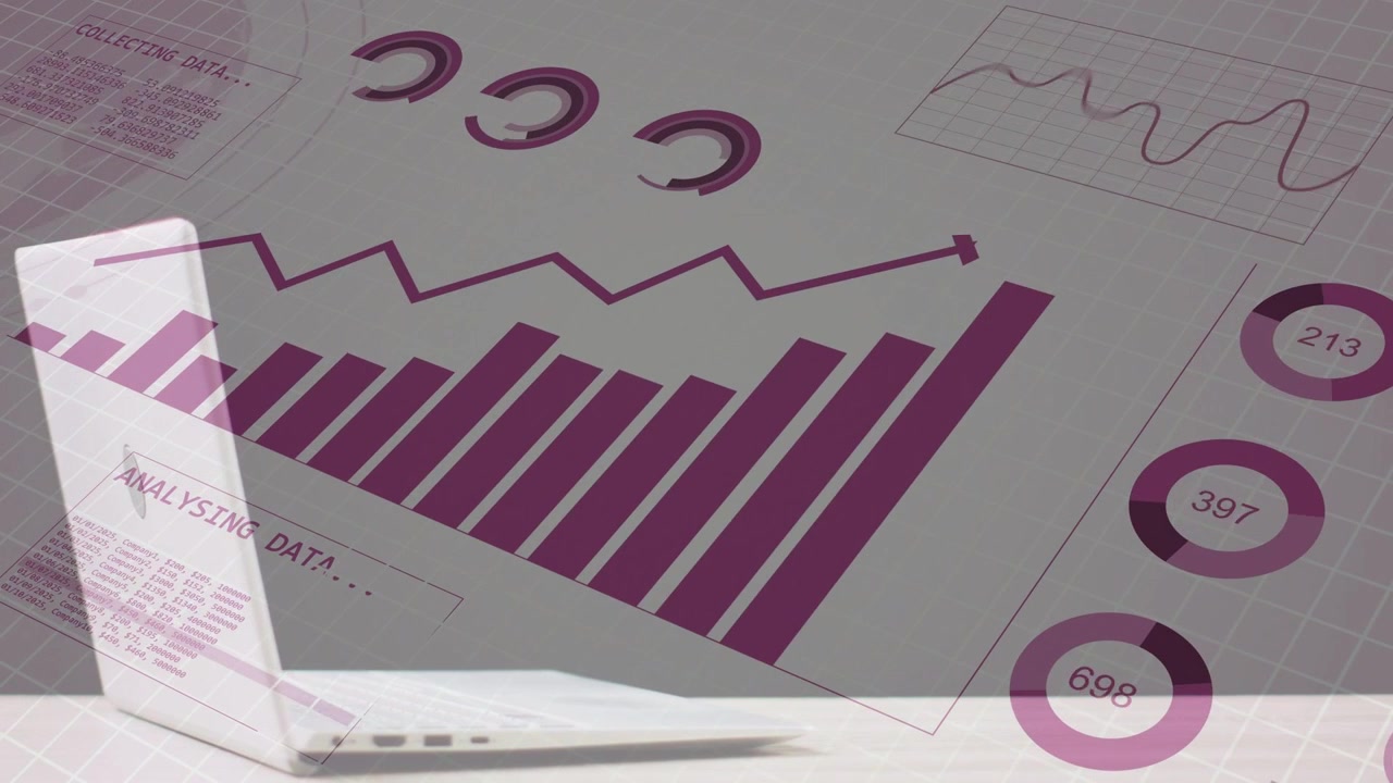 Ved indlæsning viser et lilla datadashboard voksende søjler, der danner en takket trend, streamer binære data og viser vækst.