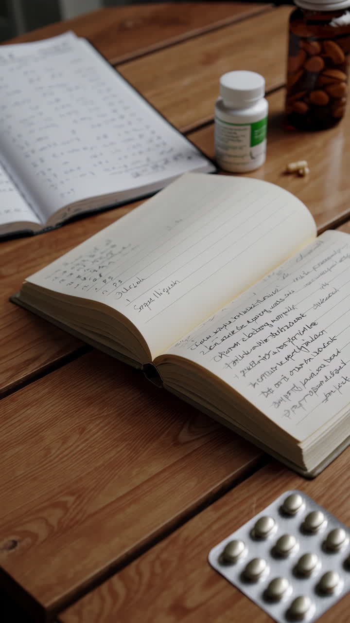 Notebook with Medical Notes and Pills on a Wooden Table