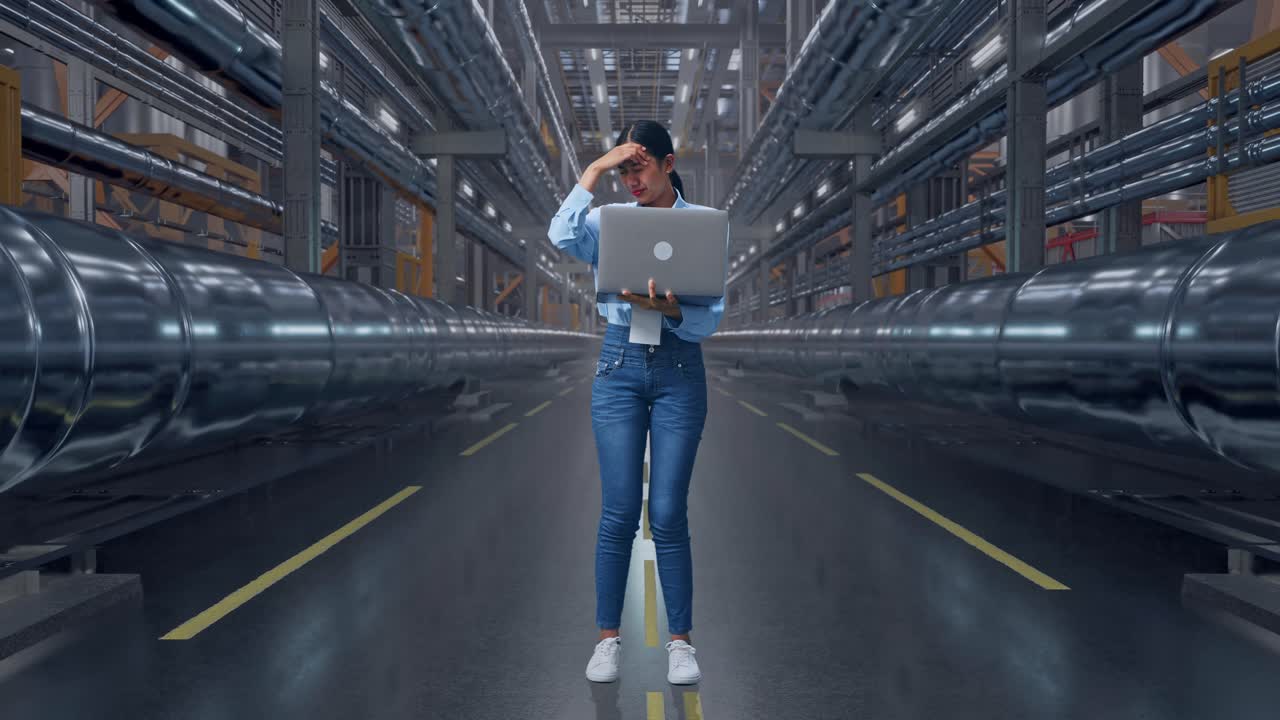 Full Body Of An Asian Female Professional Worker Standing With Her Laptop In a In Big Warehouse Filled With Metal Pipes, She Is Nodding Her Shead With Dissapionted