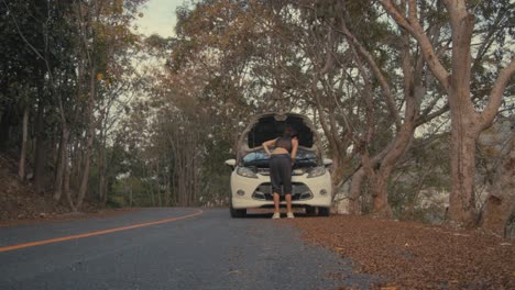 woman repairing a car on a country road
