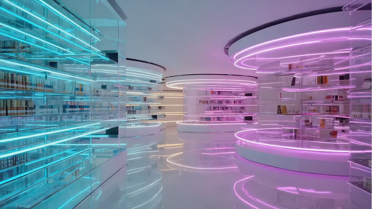 Futuristic Library with Neon Lights