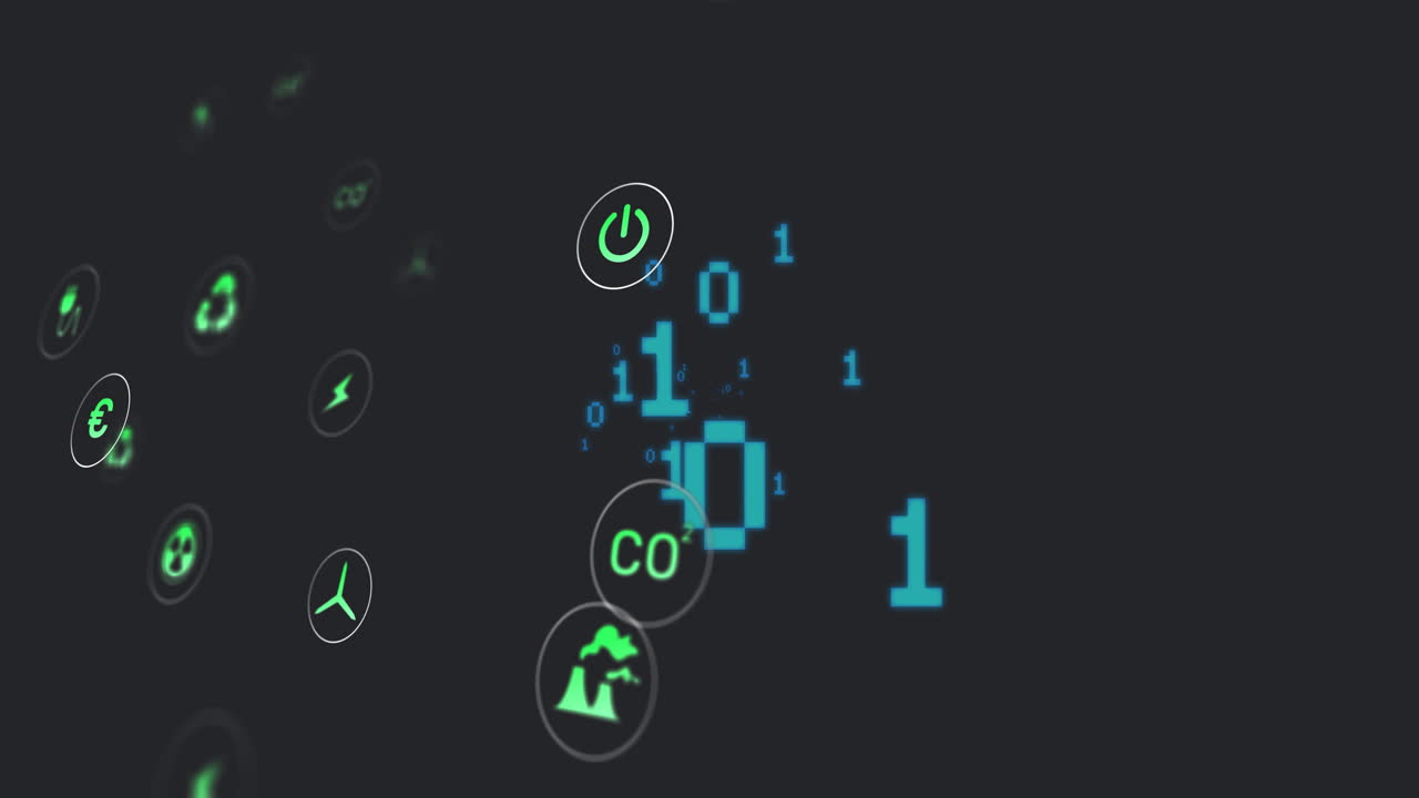 Floating binary code orbiting neon-green energy icons in dark interface, using flat design
