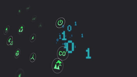 Floating binary code orbiting neon-green energy icons in dark interface, using flat design
