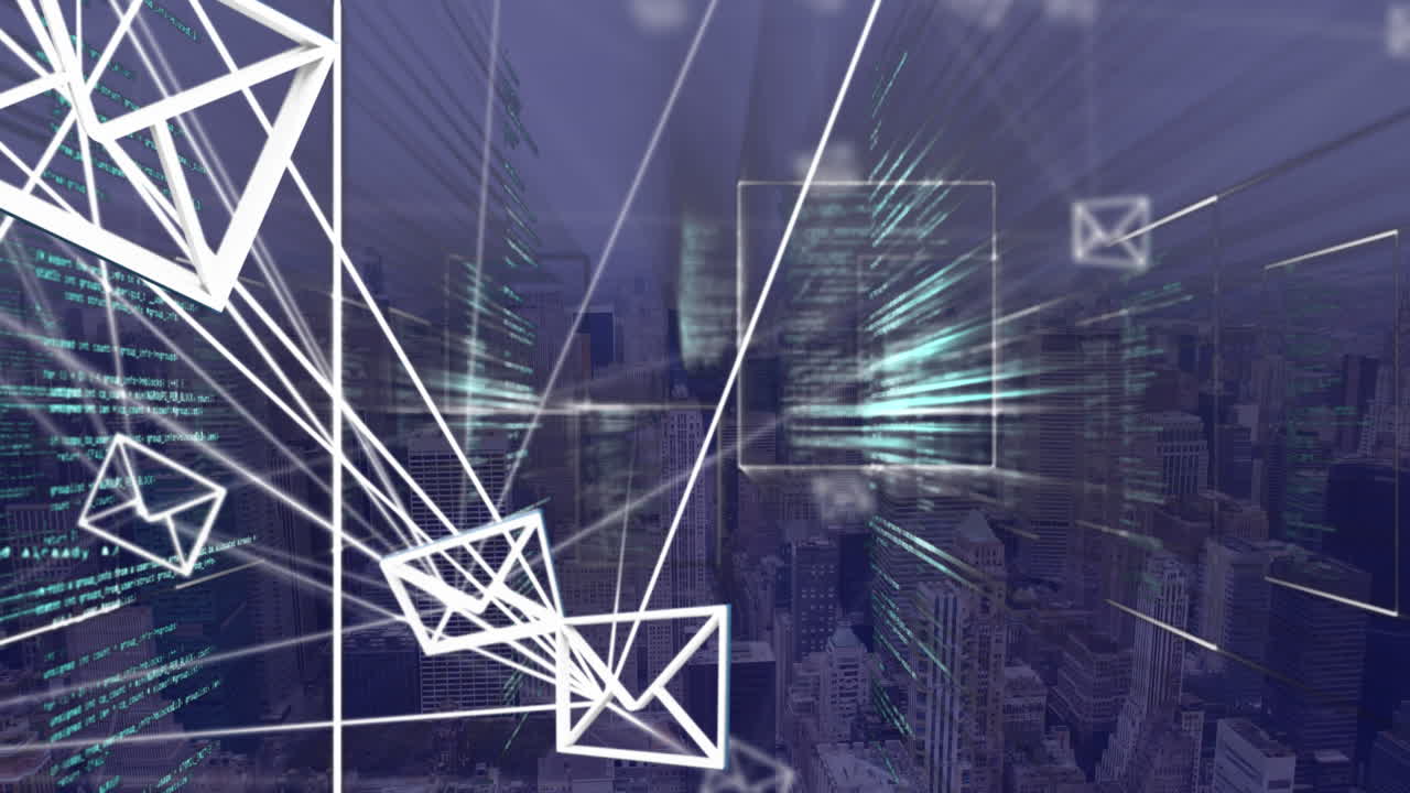 도시 풍경 위의 데이터 처리 및 봉투 아이콘의 애니메이션