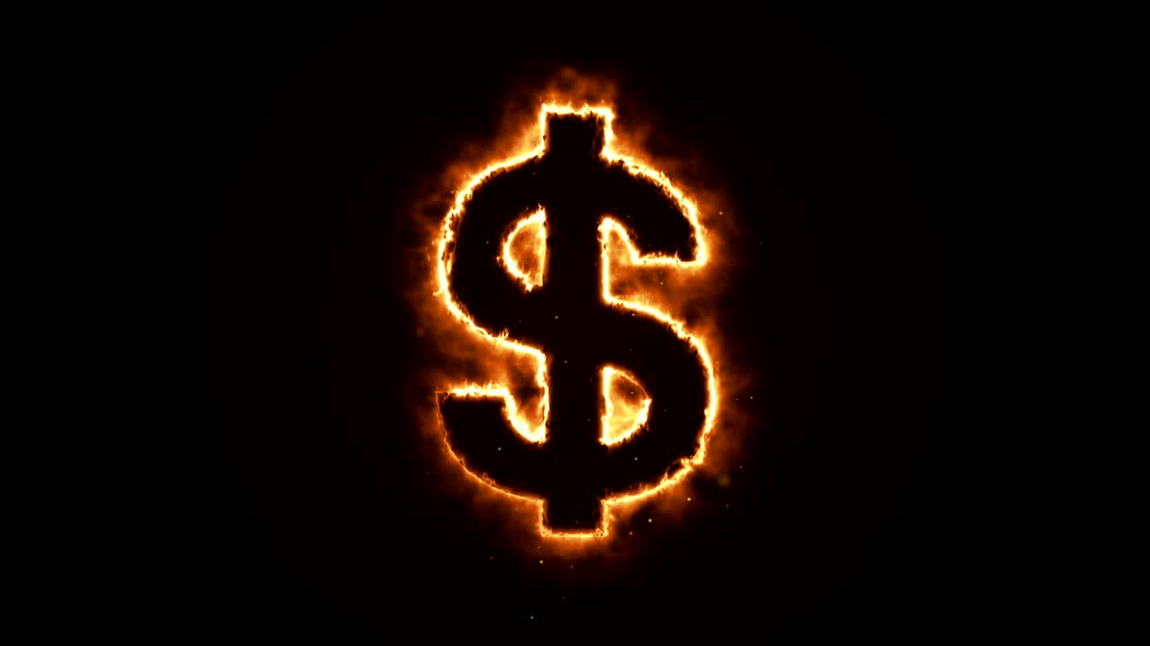 Animazione fluida di un dollaro che brucia su sfondo nero