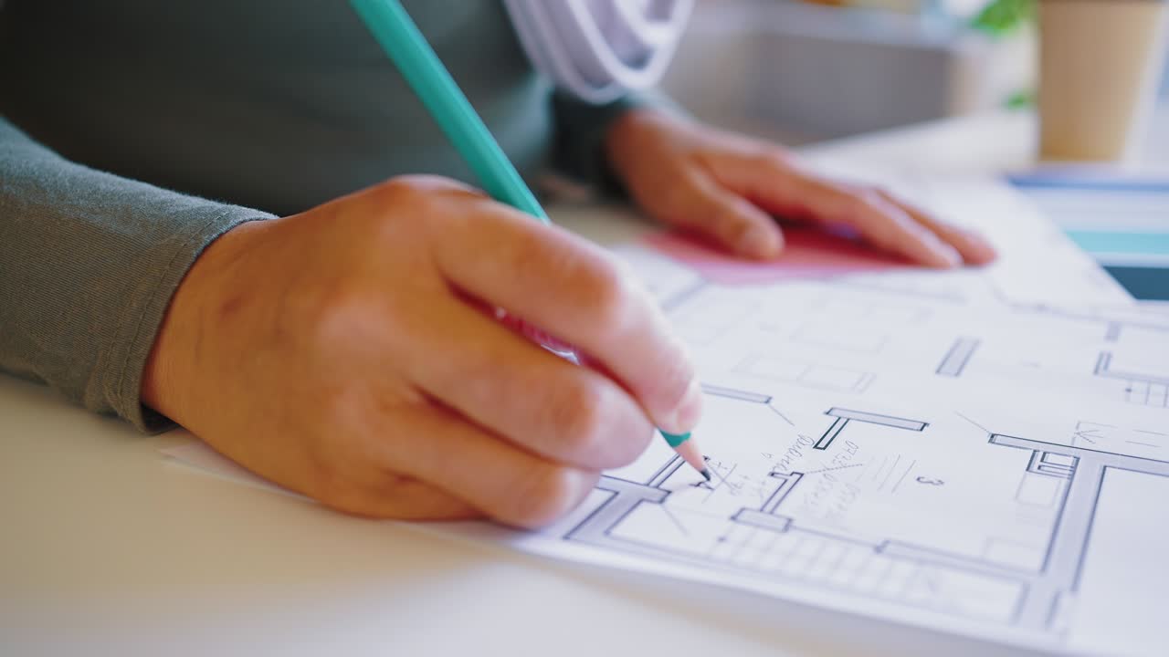 Close-up of the hand of a progressive Muslim woman in hijab making pencil marks on the plan of the house. Woman engineer or designer. Professional implementation of women in the middle east