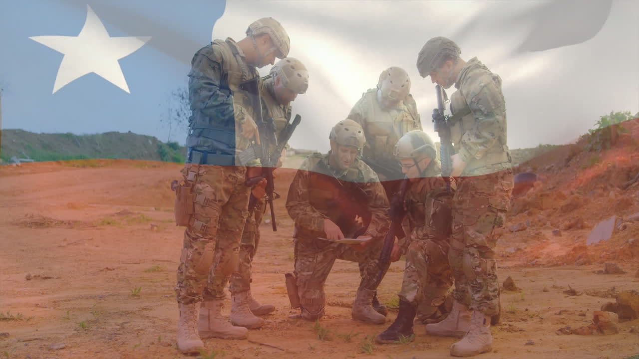Military personnel in tactical gear examining map over Chilean flag animation