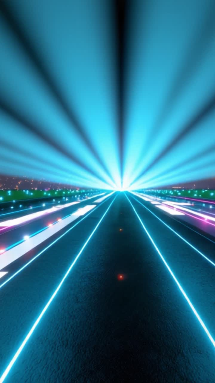 Un affascinante viaggio visivo attraverso un percorso illuminato al neon da luci dinamiche e colori brillanti, che crea un'atmosfera futuristica di notte.