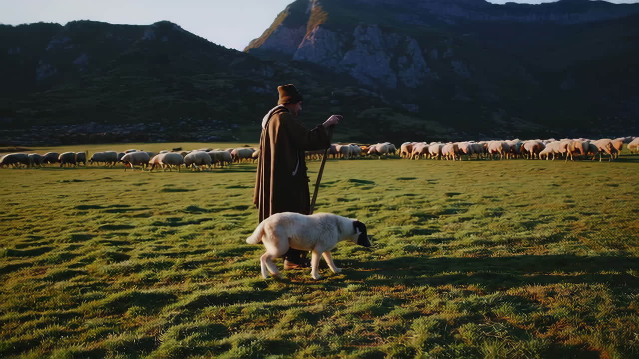 Shepherd and Sheep in Mountain Valley