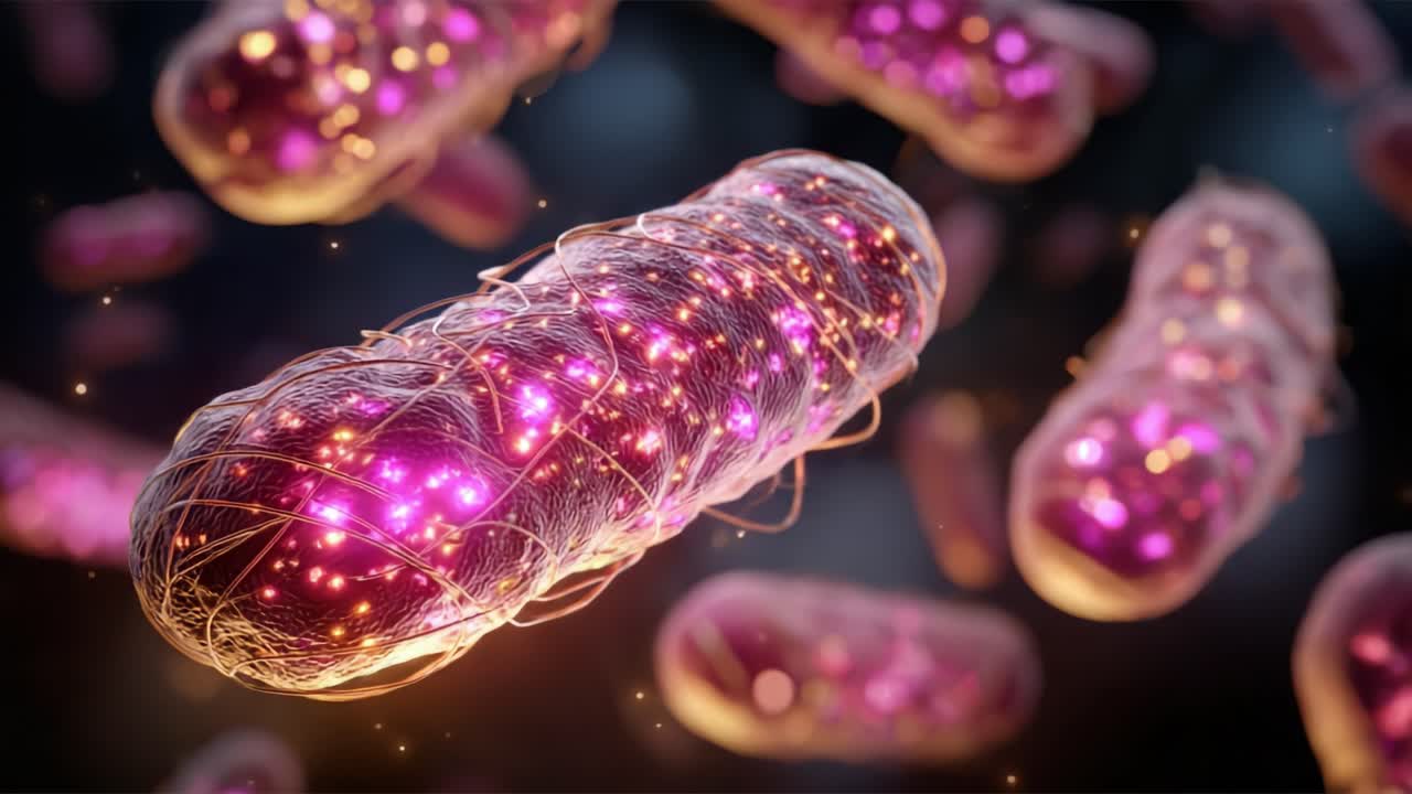 Primi piani di organismi microbici che brillano con fibre intricate e particelle luminescenti, ripresi su uno sfondo dinamico e multicolore.