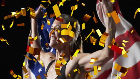 animation of confetti falling over caucasian female athlete with flag of usa on black background