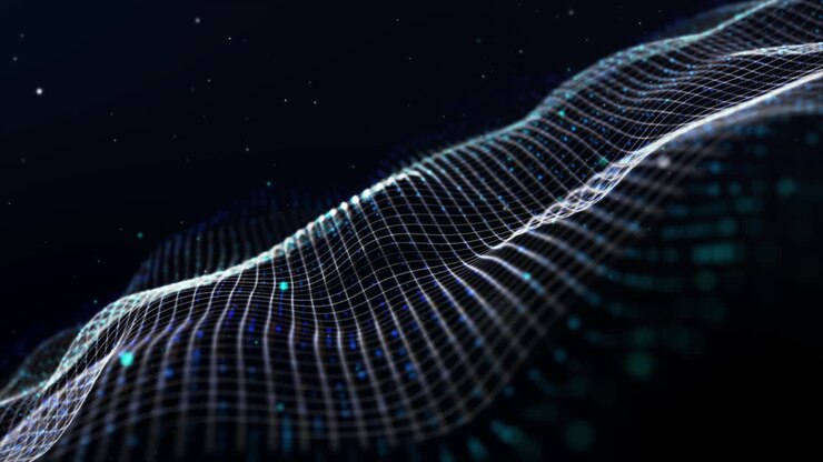Futuristic digital abstract luxurious sparkling wave particles grid de-focus for festive season and holiday loop background