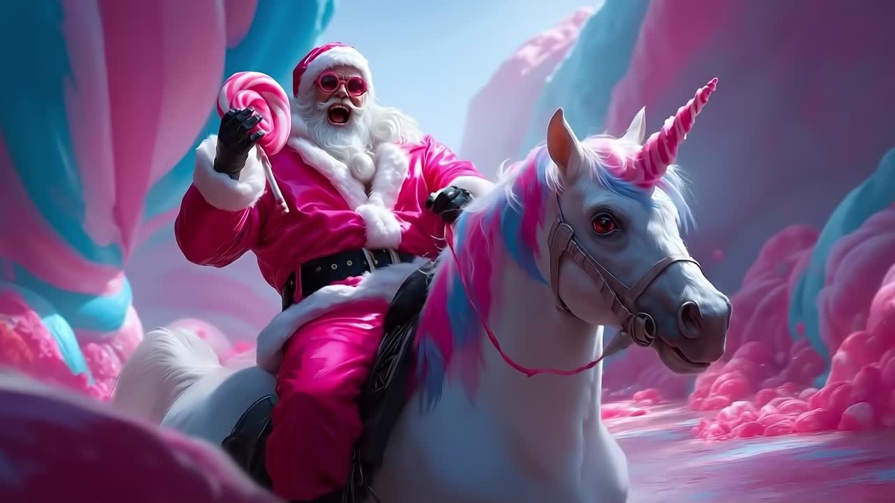 A santa claus riding a unicorn with a lollipop in his hand