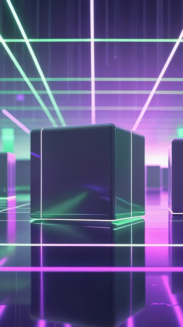 Vertical video: Pulling back camera revealing neon cubes on grid floor forming neon tube corridor