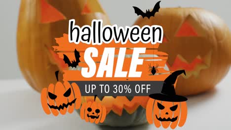 Animation-of-halloween-sale-text-with-ghosts-over-orange-carved-pumpkins