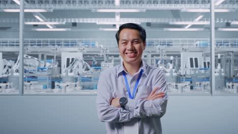 Shot Captures Of An Asian Male Professional Worker Standing At Factory Digitalization, His Broad Smile At The Camera And Cross His Arm Over His Chest
