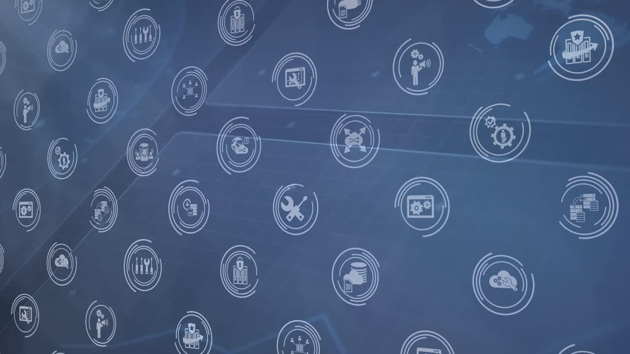 Digital animation of digital icons in seamless pattern against data processing on blue background