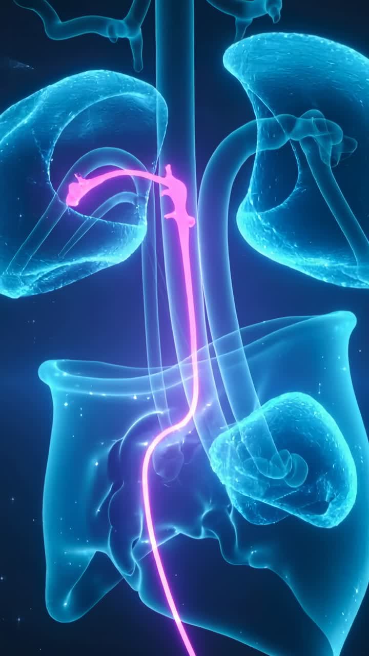 Vertical video: Appearing at bladder pink tracer ascending right ureter to kidney pelvis in 3D view
