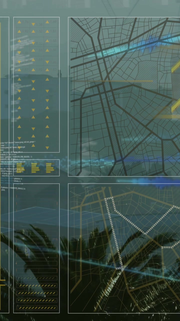 Animación de interfaz con procesamiento de datos sobre una vista aérea de un paisaje urbano
