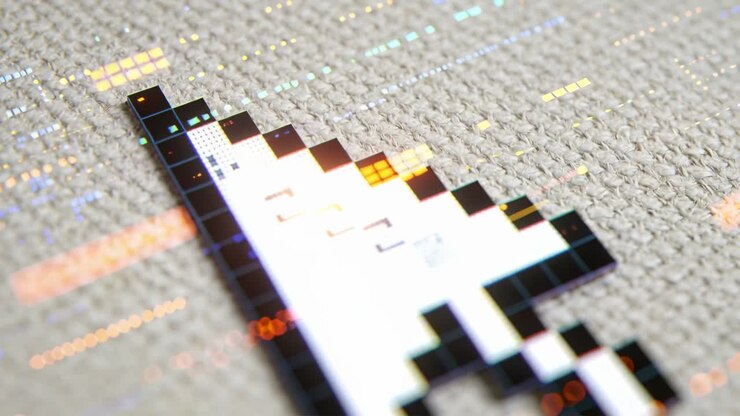 Strisce neon scorrevoli che illuminano un cursore a freccia di pixel bianchi su tessuto intrecciato, mostrando una griglia a punti.