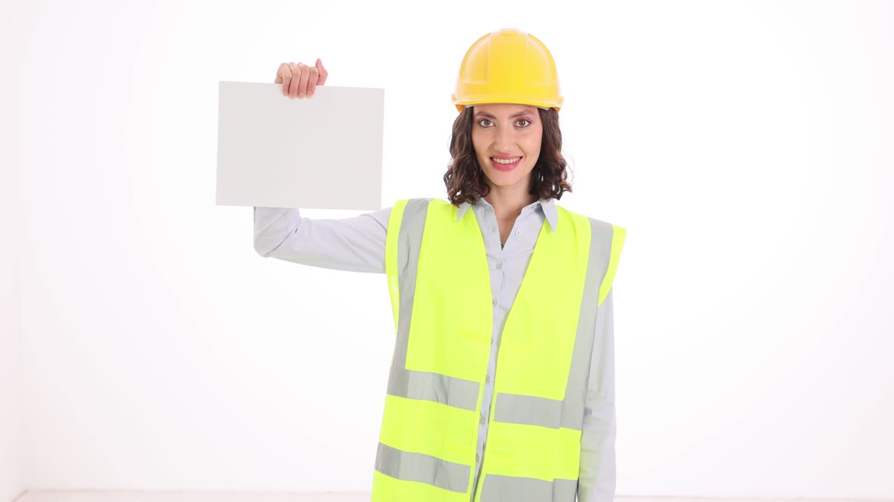 Smiling Woman in Hard Hat and Safety Vest Holding a Blank Sign