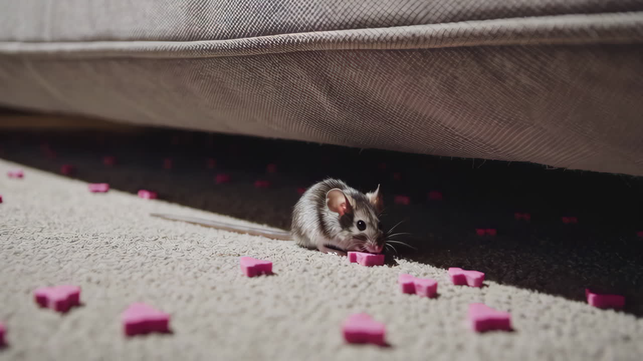 ratón debajo de la cama comiendo corazones rosados