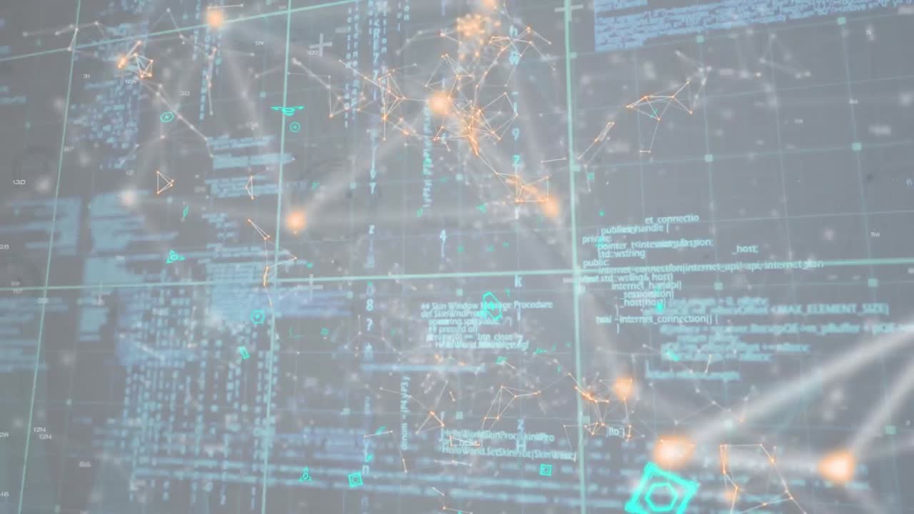 데이터 처리 및 프로필 아이콘의 네트워크의 애니메이션은 회색 배경에 대한 그리드 네트워크를 통해