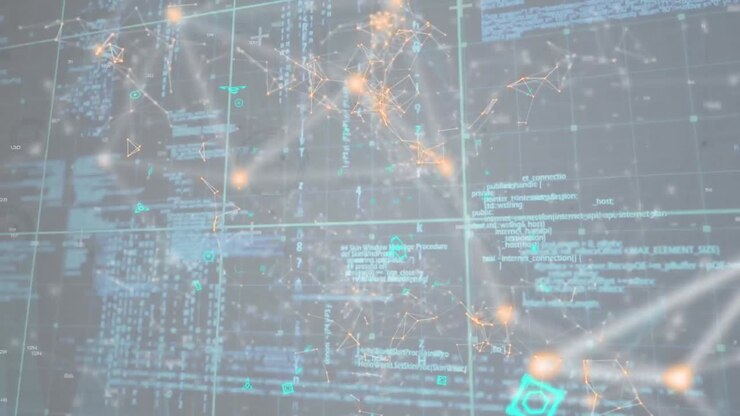 Animation of data processing and network of profile icons over grid network against grey background