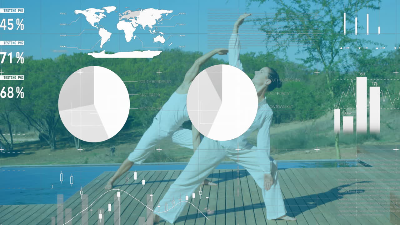 카우카시안 커플 스트레칭에 대한 데이터와 통계가 있는 그래프의 애니메이션