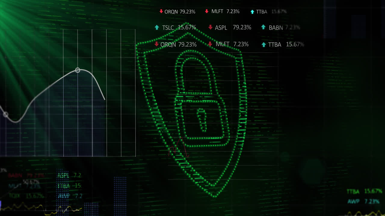 Animation of statistical, stock market data processing, security padlock icon and green light spot