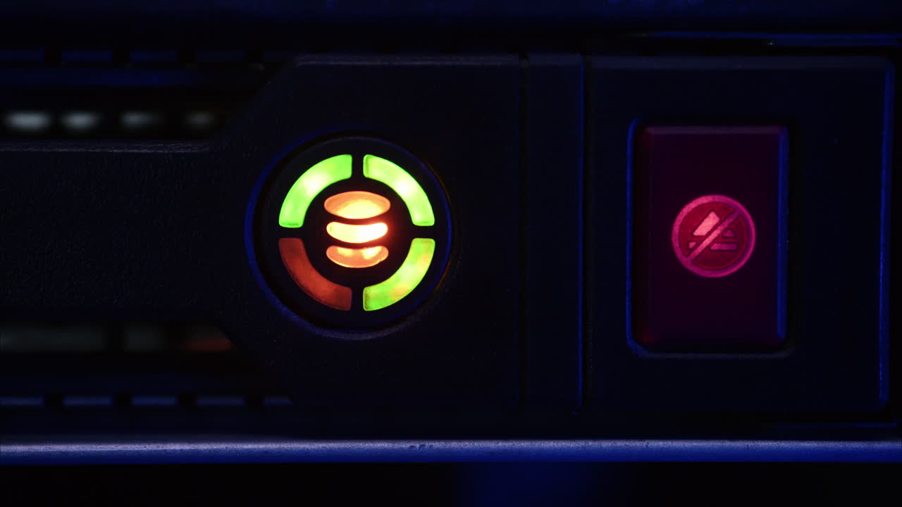 Close up of a server with flashing colourful lights in a data center