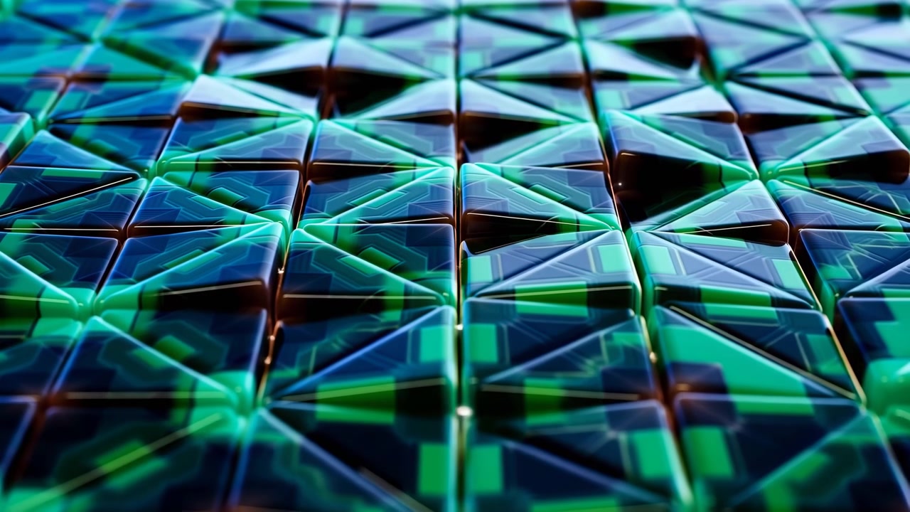 Vista oblíqua baixa de uma matriz de ladrilhos quadrados repetidos com centros em forma de cruz rebaixados que brilham e se iluminam, enquanto formas translúcidas em camadas aparecem sobre uma superfície chanfrada polida, com grade, ladrilho, padrão.