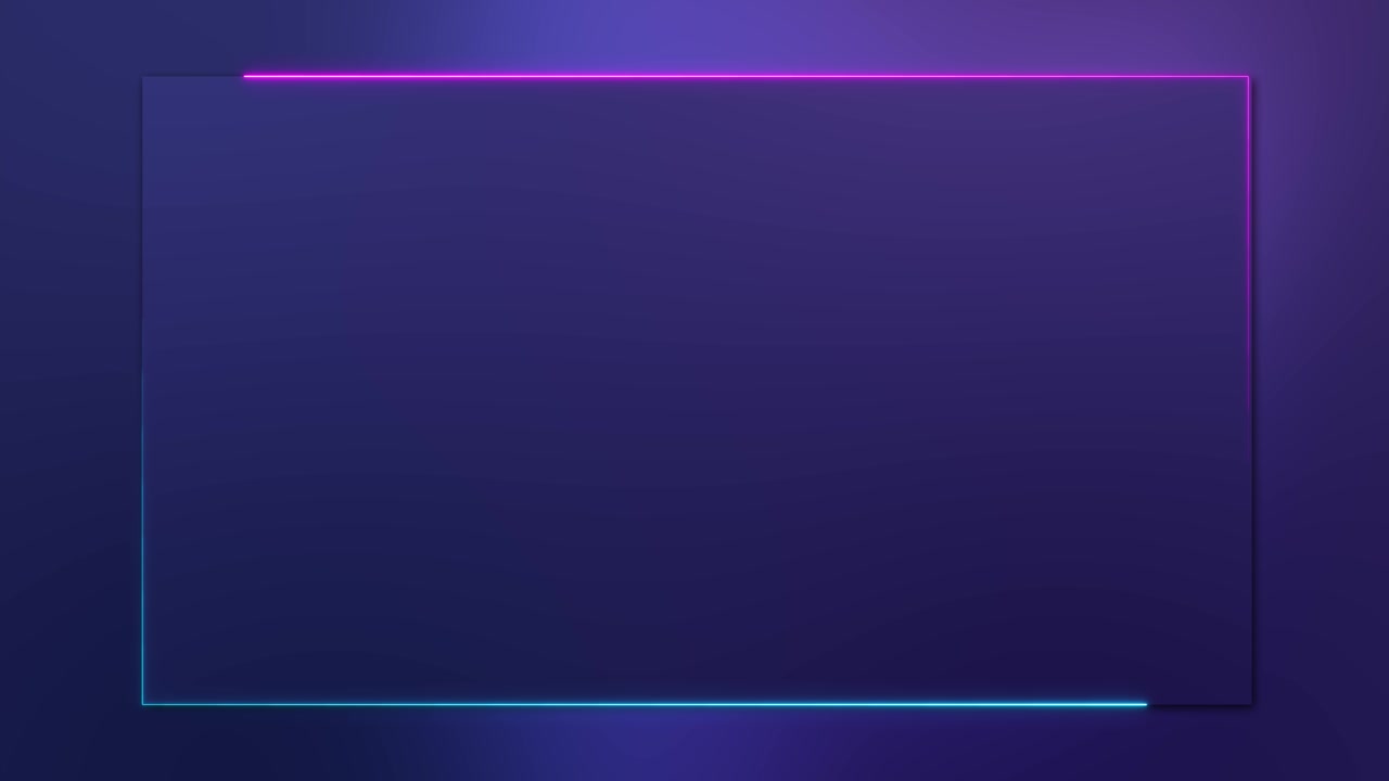 Sfondo con cornice rettangolare al neon con pannello viola, luce del bordo magenta, bagliore laterale ciano e ombra morbida.