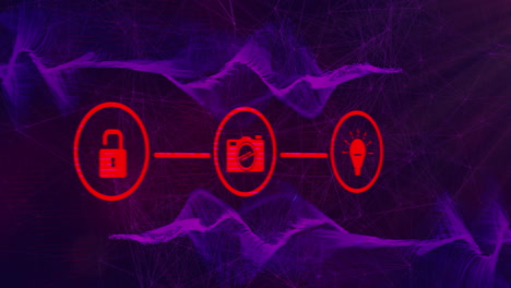 animación de la red de iconos digitales, onda digital y red de conexiones en fondo púrpura