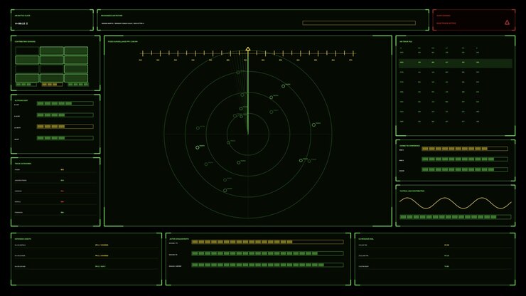 Military targeting HUD for war documentary graphics, a seamless looping radar display with air track markers, range rings, and data panels in a green yellow tactical palette