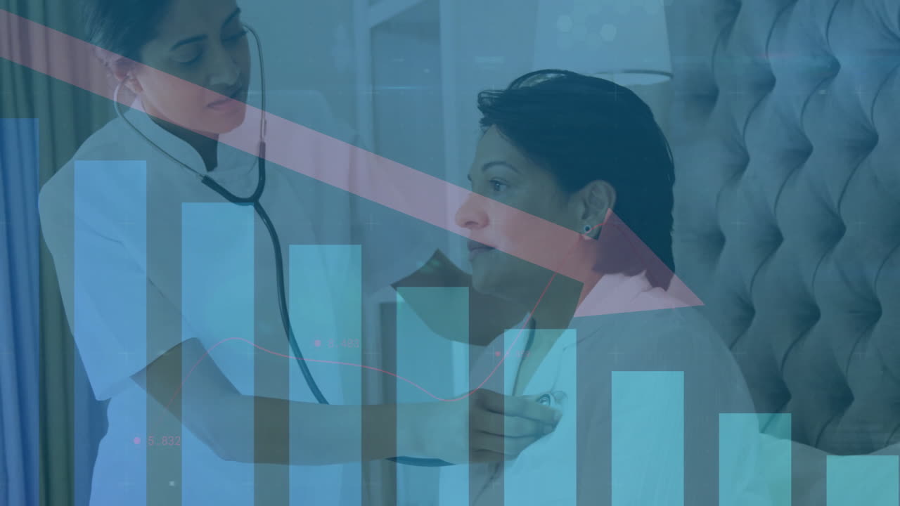 Healthcare professional examining patient over declining bar graph animation