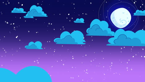 cartoon animation background with motion clouds and moon on blue sky abstract backdrop