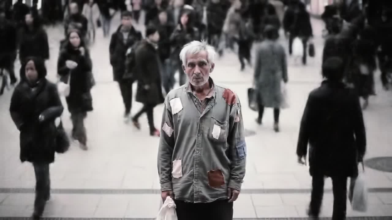 A solitary man in a tattered shirt holds a bag while surrounded by bustling pedestrians in an urban setting. This captures the stark contrast of isolation amid a crowd during the day.