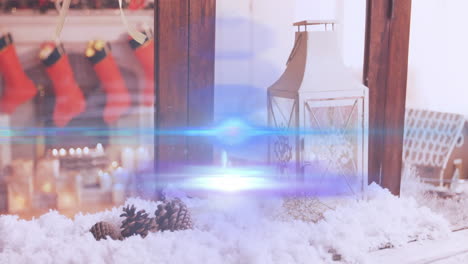animación de luces brillantes que se mueven sobre conos de abeto y decoraciones navideñas de linterna