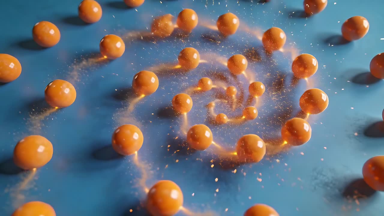 Glow rising spiral of shiny orange beads sending energy to center on matte blue surface flashing