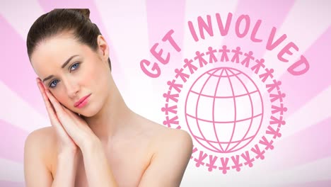 animación del logotipo del globo rosa con texto de participación sobre una mujer joven