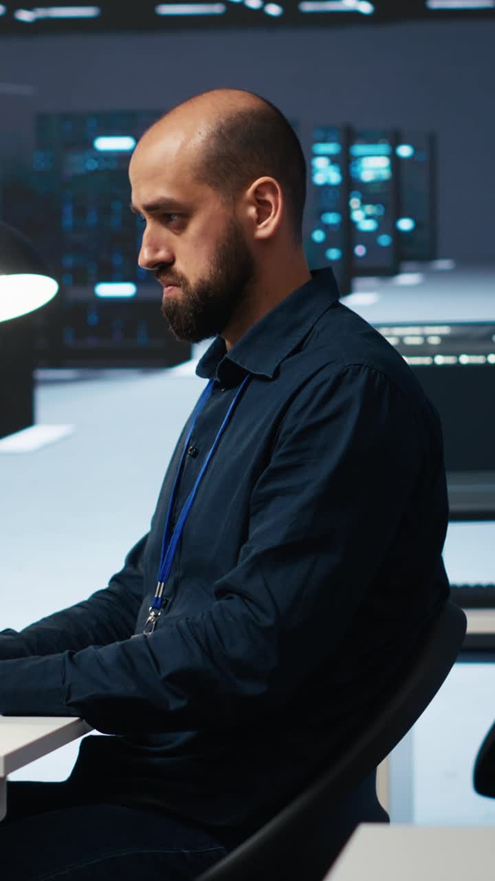 Man Programming Code on Computer in Data Center