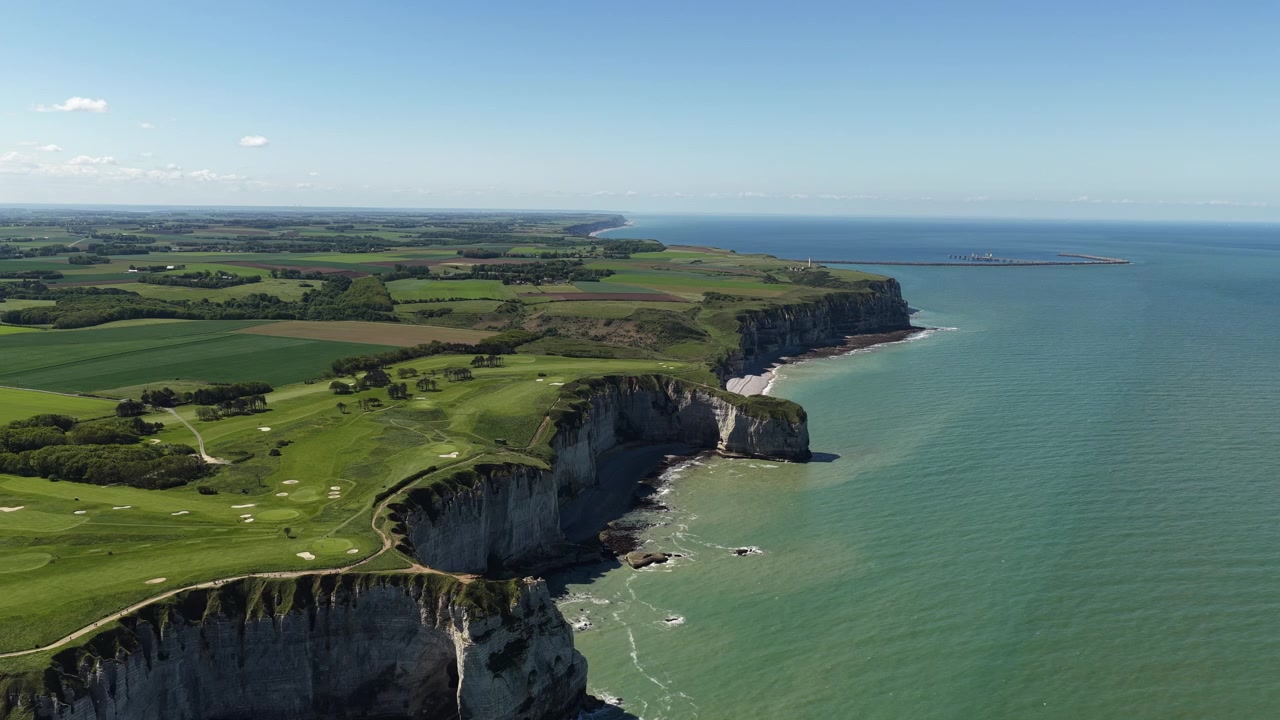 Étretat cliffs natural rock erosion Normandy France Alabaster coast drone aerial