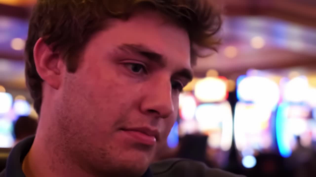 A Young Man's Contemplative Moments in a Vibrant Casino Environment, Capturing the Emotional Journey from Hope to Reflection Amidst the Glimmering Lights