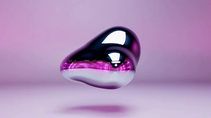 Glossy metallic droplet hangs above soft gradient backdrop, gently changing reflected color while bright highlights, smooth curves, subtle shadow, and abstract futuristic mood create polished